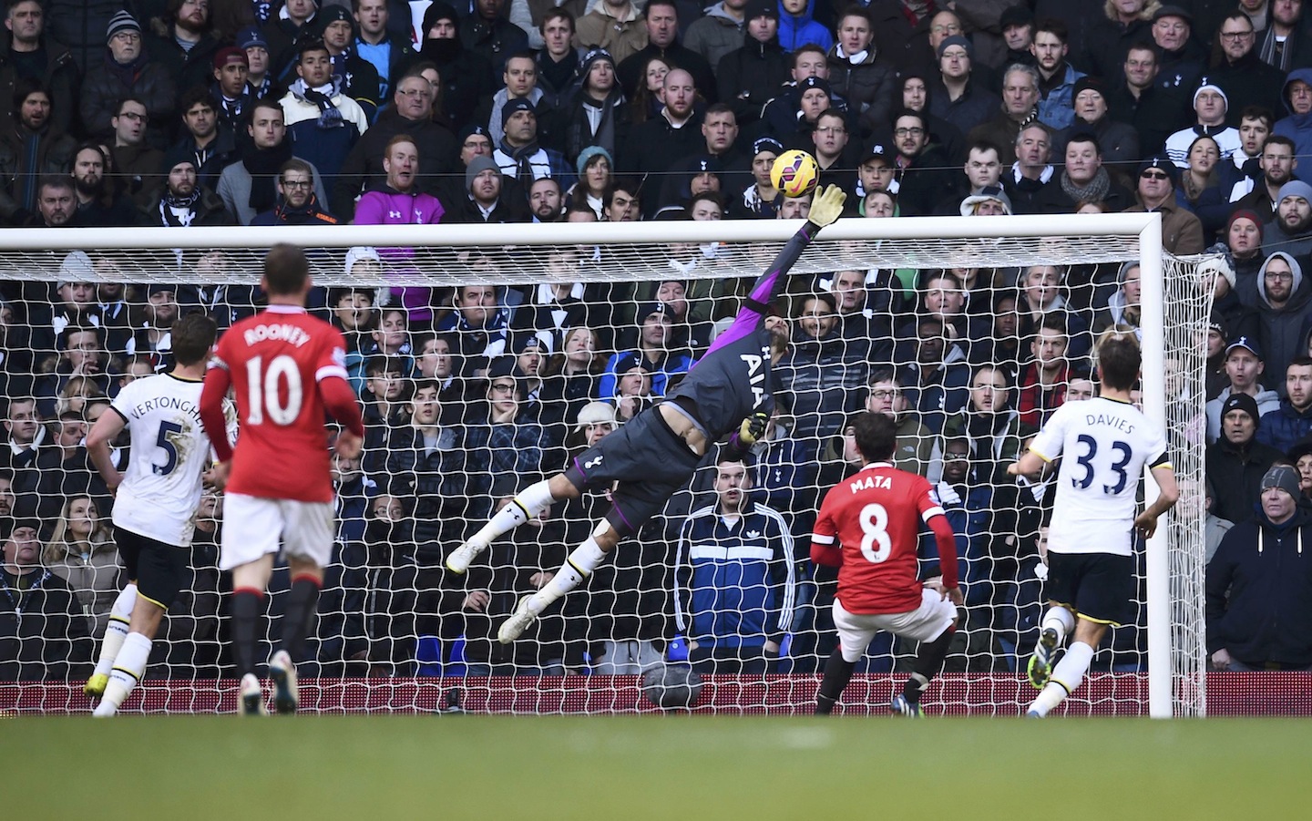 Tottenham Hotspur's Hugo Lloris saves a shot on goal during their English Premier League soccer match against Manchester United