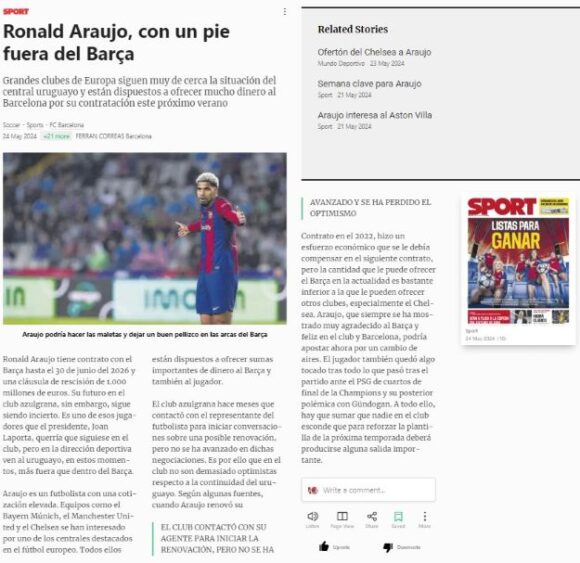 Sport - Araujo may leave Barca
