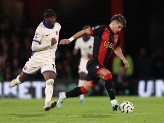 BOURNEMOUTH, ENGLAND - SEPTEMBER 14: Milos Kerkez of AFC Bournemouth controls the ball under pressure from Noni Madueke of Chelsea during the Premier League match between AFC Bournemouth and Chelsea FC at Vitality Stadium on September 14, 2024 in Bournemouth, England. (Photo by Ryan Hiscott/Getty Images)