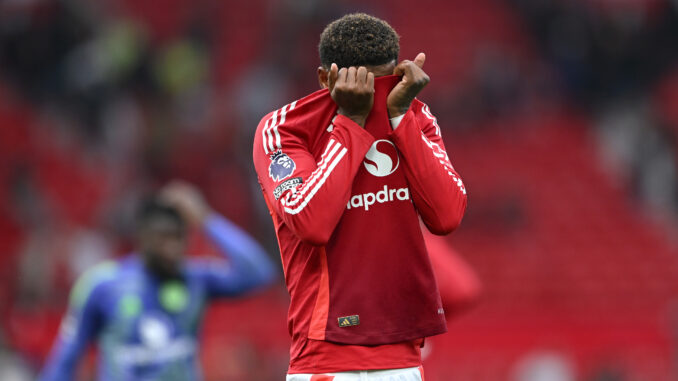 MANCHESTER, ENGLAND - SEPTEMBER 01: Marcus Rashford of Manchester United, shows dejection, following the teams defeat to Liverpool during the Premier League match between Manchester United FC and Liverpool FC at Old Trafford on September 01, 2024 in Manchester, England. (Photo by Shaun Botterill/Getty Images)