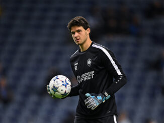 PORTO, PORTUGAL - NOVEMBER 7: Senne Lammens of Royal Antwerp FC in action during the warmup prior to the UEFA Champions League match between FC Porto and Royal Antwerp FC at Estadio do Dragao on November 7, 2023 in Porto, Portugal. (Photo by Octavio Passos/Getty Images)
